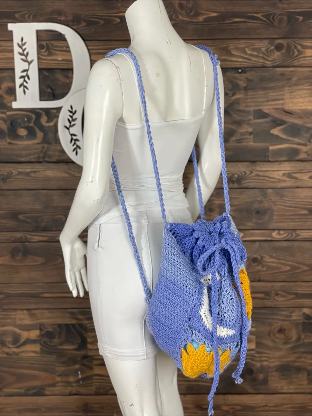 Hand-Crocheted Drawstring Bag Yellow Sun and Moon Blue Crochet‎ Knit Back Pack